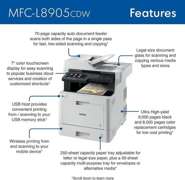 Alt view image 7 of 19 - Brother Business Color Laser All-in-One Printer with Low-cost Printing, Duplex Print, Scan, Copy and Wireless Networking Model MFCL8905CDW