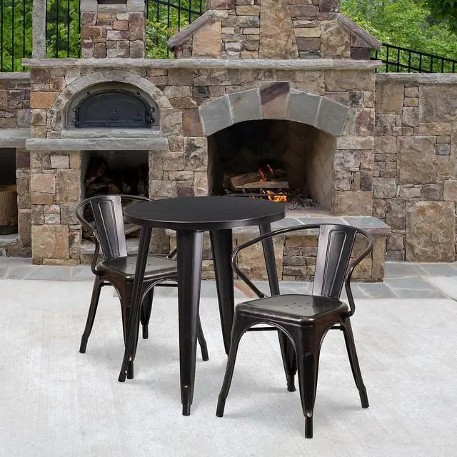 Alt view image 9 of 12 - Flash Furniture Napoleon Indoor-Outdoor 24" Round Table Set with 2 Arm Chairs Black-Antique Gold (CH518TH218ABQ)