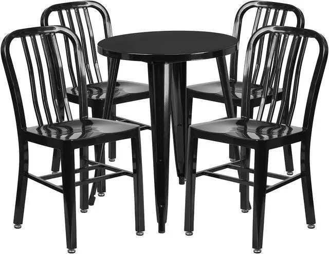 Alt view image 7 of 11 - 24'' Round Black Metal Indoor-Outdoor Table Set with 4 Vertical Slat Back Chairs