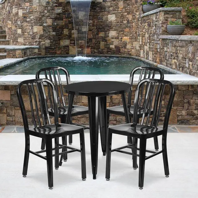 Alt view image 8 of 11 - 24'' Round Black Metal Indoor-Outdoor Table Set with 4 Vertical Slat Back Chairs