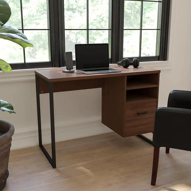 Alt view image 11 of 16 - Northbrook Rustic Coffee Wood Grain Finish Computer Desk with Black Metal Frame