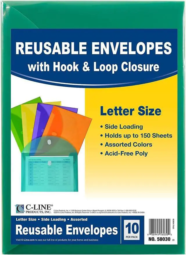 Main image of C-Line XL Reusable Envelopes Hook and Loop Closure 8.5 x 11 Assorted Colors Pack of 10 (CLI58030)