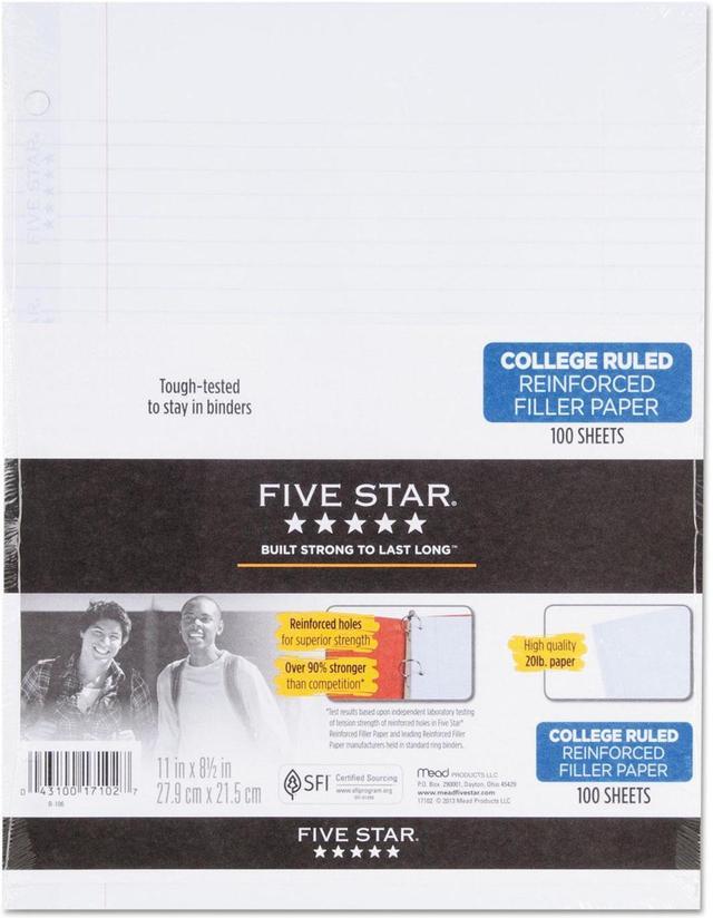 Five Star Reinforced Filler Paper 20lb College Rule 11 x 8 1/2 White 100  Sheets