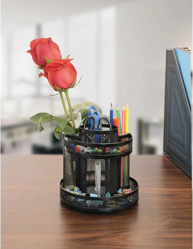 Alt view image 4 of 5 - Universal Metal Mesh Rotating Desktop Organizer 6 1/2 x 6 1/5 Black 20022