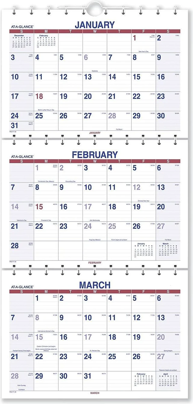 Main image of 2022-2024 AT-A-GLANCE 12 x 27 15-Month (Dec to Feb) Move-A-Page Three-Month Wall Calendar White/Red/Blue Sheets PMLF1128
