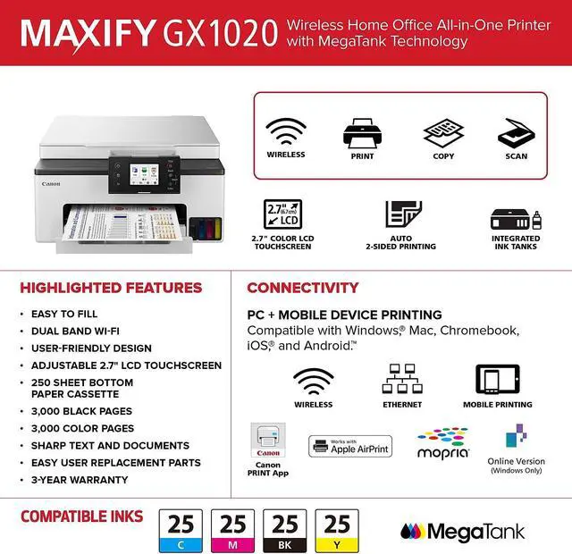 Alt view image 7 of 20 - Canon MAXIFY GX1020 Inkjet Printer All-in-One Supertank Print Scan Copy (6169C002)