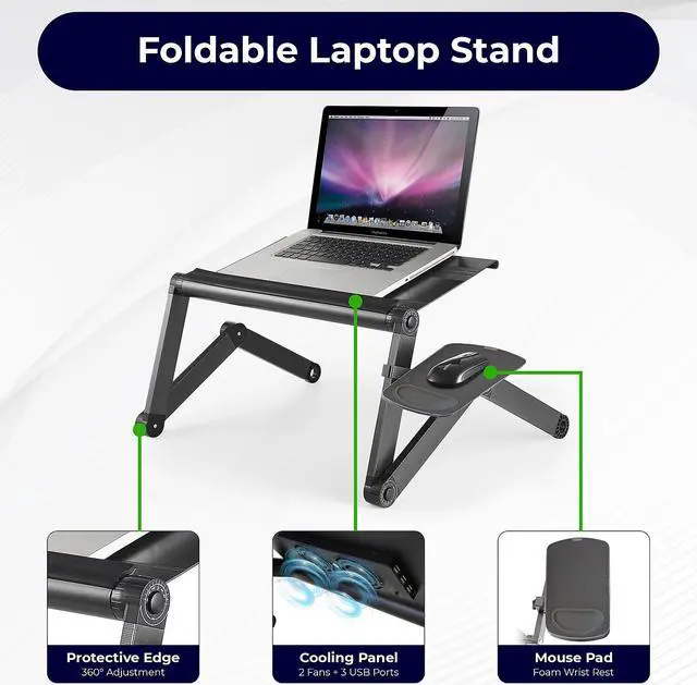 Alt view image 2 of 7 - WorkEZ Cool Laptop Cooling Stand - Portable Laptop Stand with FAN USB PORTS MOUSE PAD adjustable laptop desk for bed computer lap desk for laptop riser for desk foldable laptop holder for bed fans