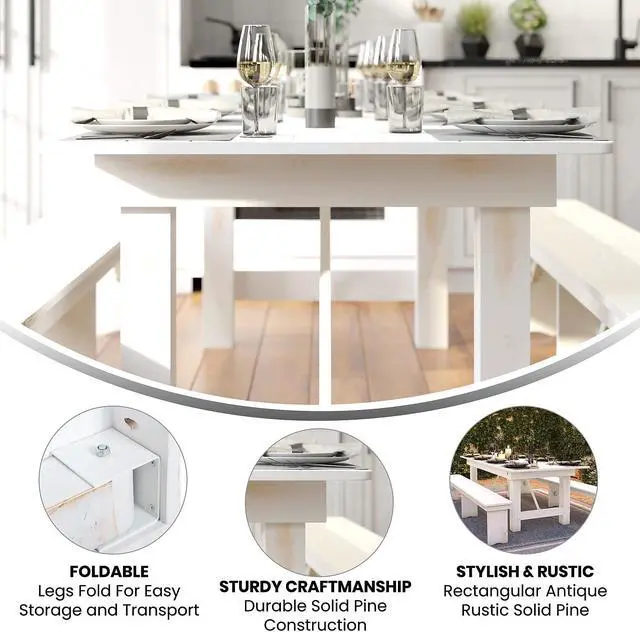 Alt view image 10 of 13 - HERCULES Series 8' x 40" Rectangular Antique Rustic White Solid Pine Folding Farm Table