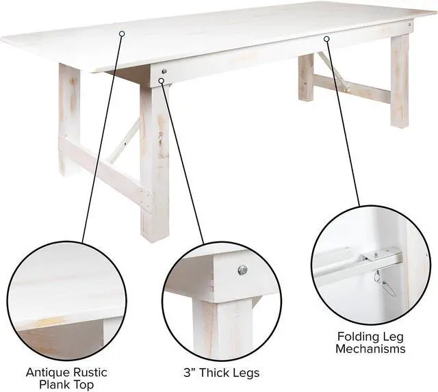 Alt view image 11 of 13 - HERCULES Series 8' x 40" Rectangular Antique Rustic White Solid Pine Folding Farm Table