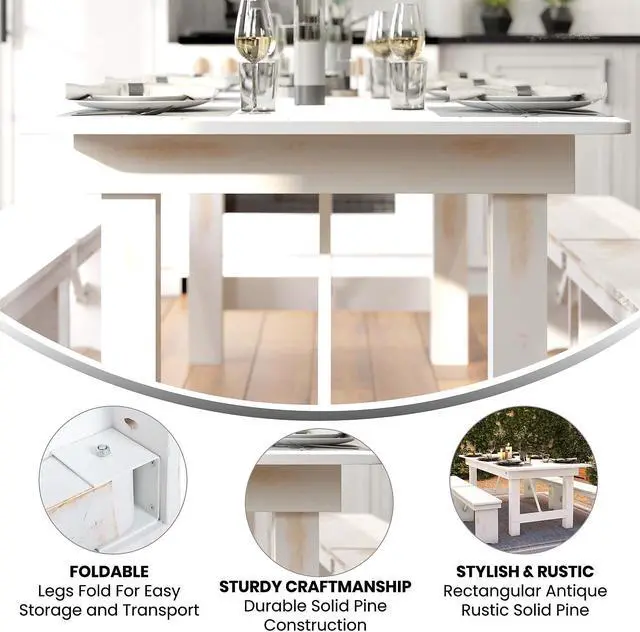 Alt view image 10 of 16 - HERCULES Series 7' x 40" Rectangular Antique Rustic White Solid Pine Folding Farm Table