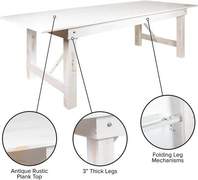 Alt view image 11 of 16 - HERCULES Series 7' x 40" Rectangular Antique Rustic White Solid Pine Folding Farm Table