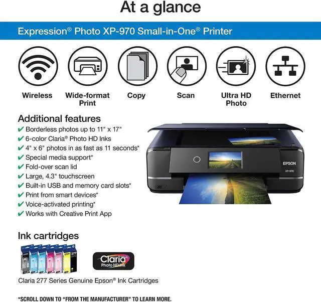 Alt view image 7 of 12 - Epson Expression Photo XP-970 Inkjet Multifunction Printer - Color - Copier/Printer/Scanner - 5760 x 1440 dpi Print - Automatic Duplex Print - 4800 dpi Optical Scan - 100 sheets Input - Fast Ethernet