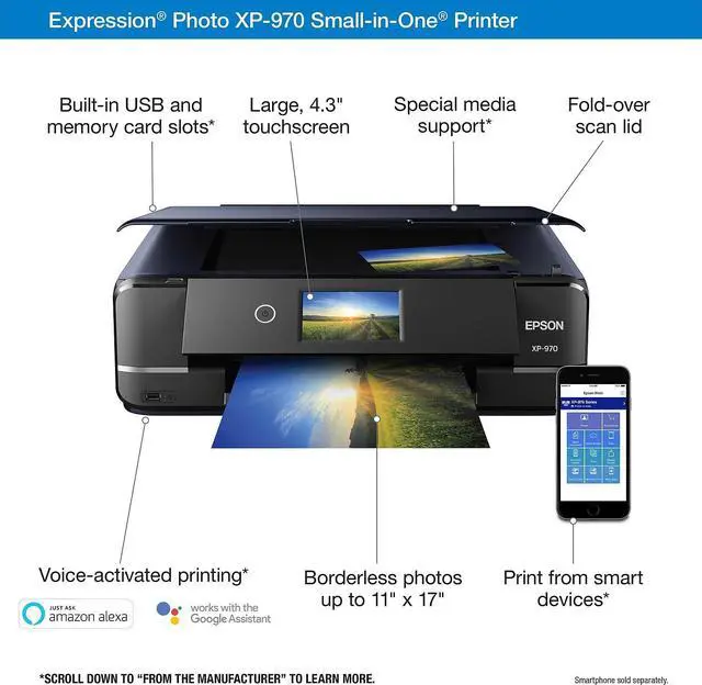 Alt view image 8 of 12 - Epson Expression Photo XP-970 Inkjet Multifunction Printer - Color - Copier/Printer/Scanner - 5760 x 1440 dpi Print - Automatic Duplex Print - 4800 dpi Optical Scan - 100 sheets Input - Fast Ethernet