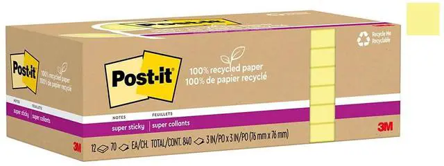 Main image of Post-it Recycled Super Sticky Notes 3" x 3" Canary Collection 70 Sheet/Pad 12 Pads/Pack (654R-12SSCY)