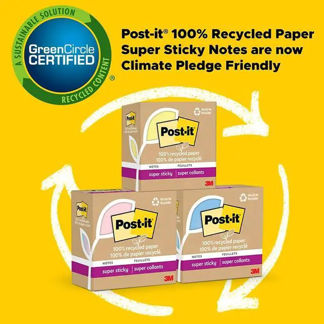 Alt view image 5 of 8 - Post-it Recycled Super Sticky Notes 3" x 3" Canary Collection 70 Sheet/Pad 12 Pads/Pack (654R-12SSCY)
