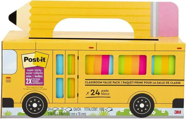 Main image of Post-it Super Sticky Notes Bus Cabinet Pack Assorted Bright Colors 65 Sheets/Pad 24 Pads/Pack (654-24SSBUS) 65424SSBUS
