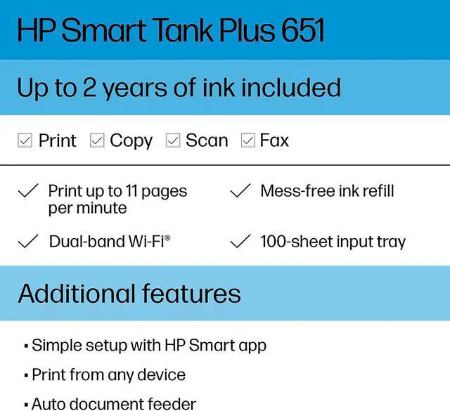 Alt view image 10 of 20 - HP Smart Tank Plus 651 Wireless All-in-One InkJet Printer, Color Mobile Print,