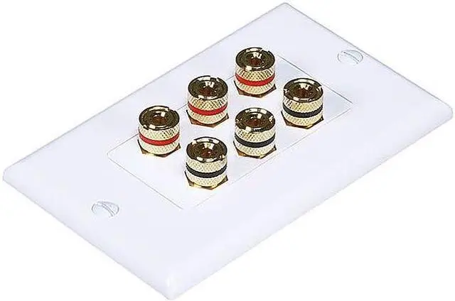 Alt view image 5 of 6 - Monoprice High Quality Banana Binding Post Two-Piece Inset Wall Plate - White - Coupler Type For 3 Speakers