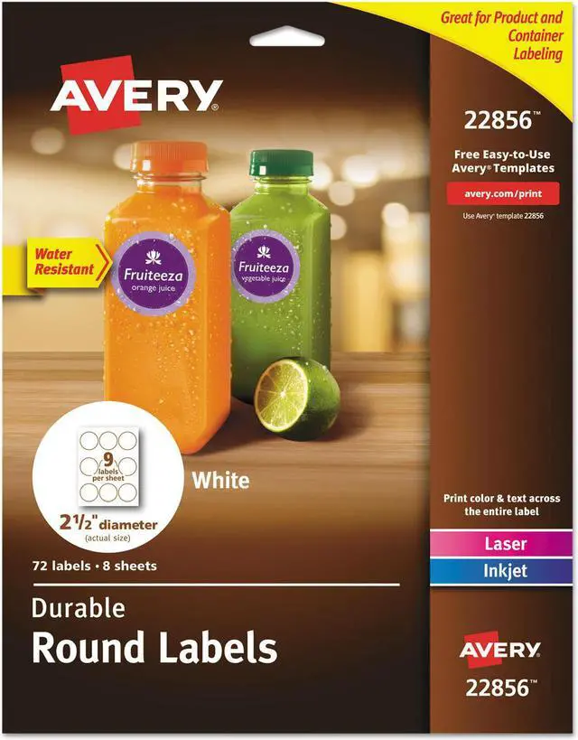 Alt view image 12 of 17 - Avery Printable Waterproof Round Labels with Sure Feed, 2.5" Diameter, White, 72 Customizable Labels (22856)