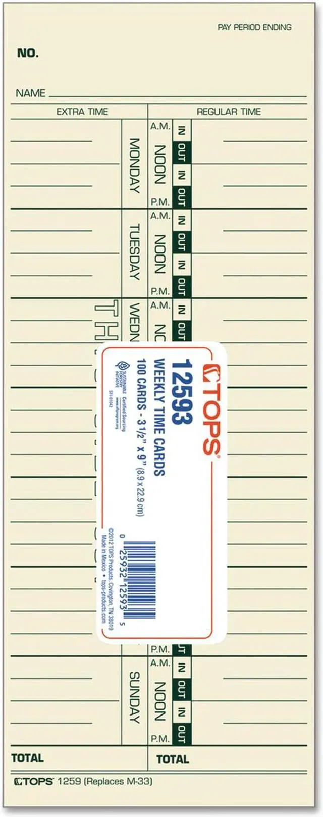 Alt view image 11 of 11 - Tops Time Card for Acroprint/IBM/Lathem/Simplex Weekly 3 1/2 x 9 100/Pack 12593