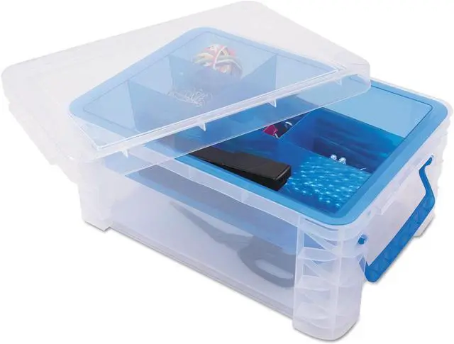 Alt view image 13 of 14 - Advantus 37371 Super Stacker Divided Storage Box, Clear W/Blue Tray/Handles, 10.3 X 14.25X 6.5