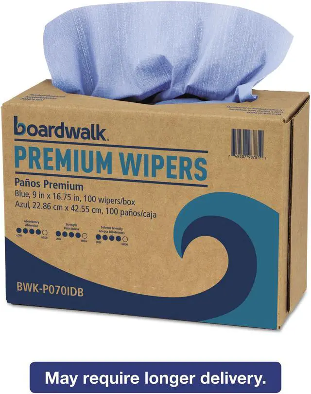 Alt view image 2 of 3 - Boardwalk - BWKP070IDB - Hydrospun Wipers, Blue, 9 x 16 3/4, 10 Pack Dispensers of 100, 000/Carton