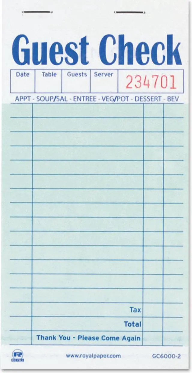 Main image of Royal Guest Check Book Carbon Duplicate 3 1/2 x 6 7/10 50/Book 50 Books/Carton GC60002