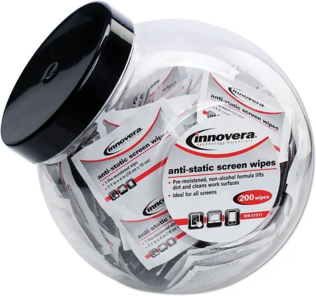 Alt view image 10 of 10 - Innovera 51517 Anti-Static Screen Cleaning Wipes, 200 Sachets, Fishbowl Black Top