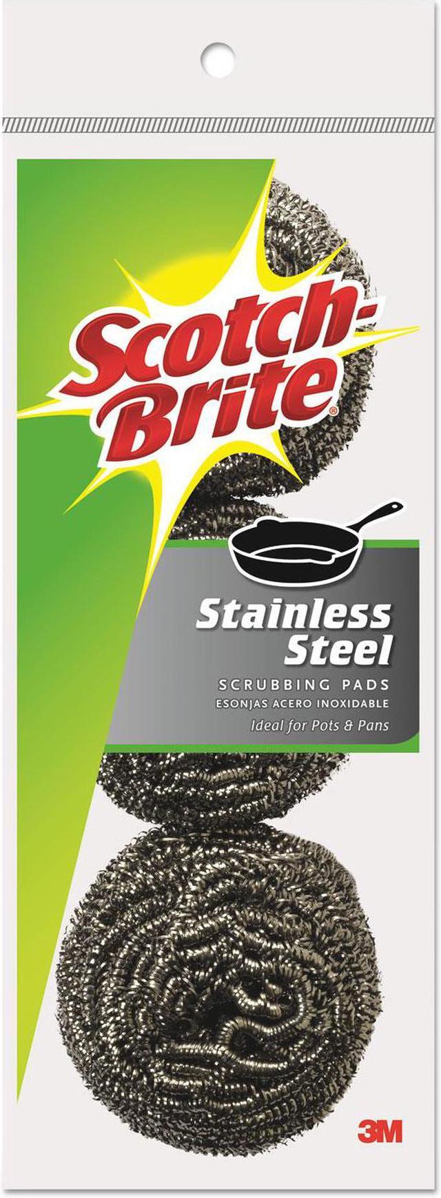 3M Scotch-Brite Scrubbing Scour Pads No Rust Stainless Steel Heavy Duty 3 Pads, 2-Pack, Silver