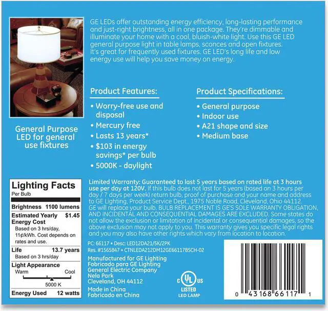 Alt view image 2 of 3 - GE LED Daylight A21 Dimmable Light Bulb, 12 W, 2/Pack 66117
