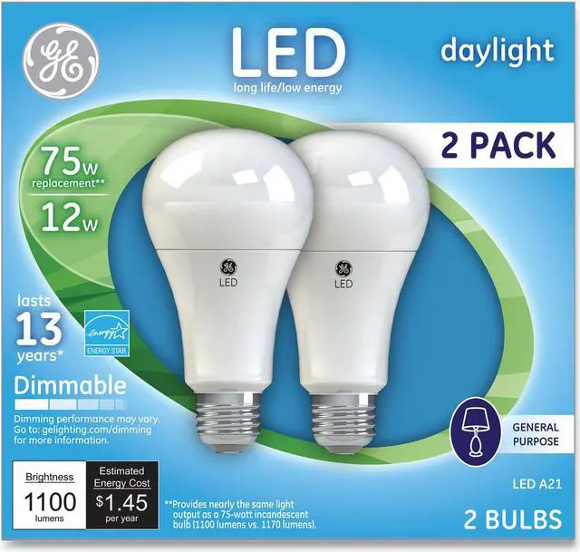 Main image of GE LED Daylight A21 Dimmable Light Bulb, 12 W, 2/Pack 66117