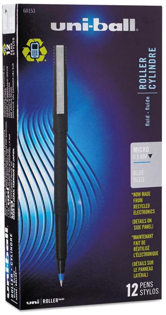 Main image of uni-ball Stick Roller Ball Pen Micro 0.5mm Blue Ink Black Matte Barrel Dozen