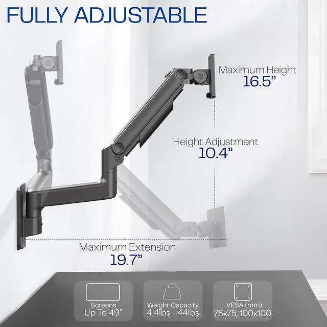 Alt view image 3 of 7 - VIVO Aluminum Single Mechanical Arm Monitor Wall Mount, Fits Ultrawide Screens up to 49", Black, MOUNT-V100E