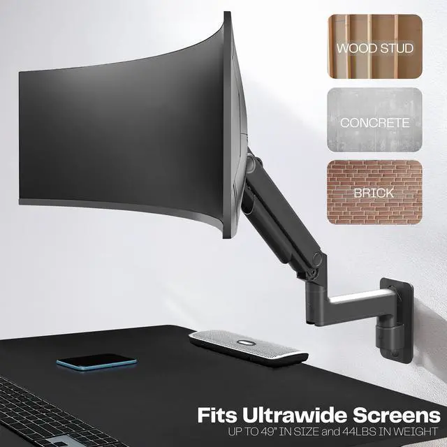 Alt view image 5 of 7 - VIVO Aluminum Single Mechanical Arm Monitor Wall Mount, Fits Ultrawide Screens up to 49", Black, MOUNT-V100E
