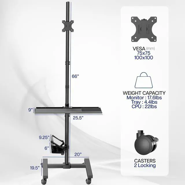 Alt view image 3 of 7 - VIVO Mobile Computer Cart with Monitor Mount, PC Holder, Keyboard Tray