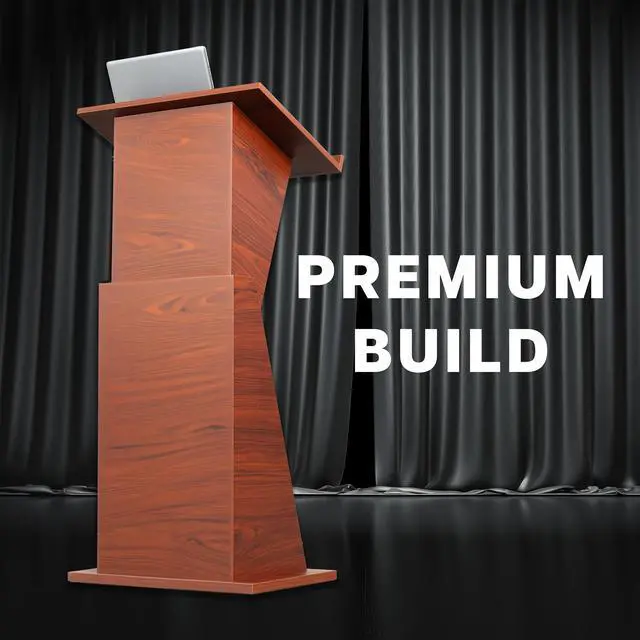 Alt view image 2 of 7 - VIVO Pneumatic Height Adjustable Podium, Lectern with 24 inch Platform and Storage Shelves, Dark Walnut, STAND-PDMH