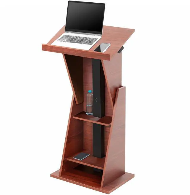 Main image of VIVO Pneumatic Height Adjustable Podium, Lectern with 24 inch Platform and Storage Shelves, Dark Walnut, STAND-PDMH