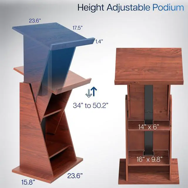 Alt view image 3 of 7 - VIVO Pneumatic Height Adjustable Podium, Lectern with 24 inch Platform and Storage Shelves, Dark Walnut, STAND-PDMH