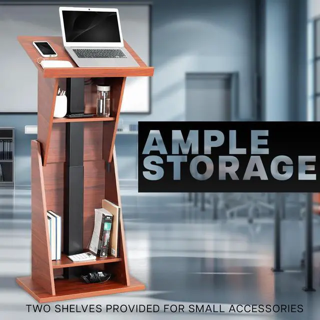 Alt view image 5 of 7 - VIVO Pneumatic Height Adjustable Podium, Lectern with 24 inch Platform and Storage Shelves, Dark Walnut, STAND-PDMH