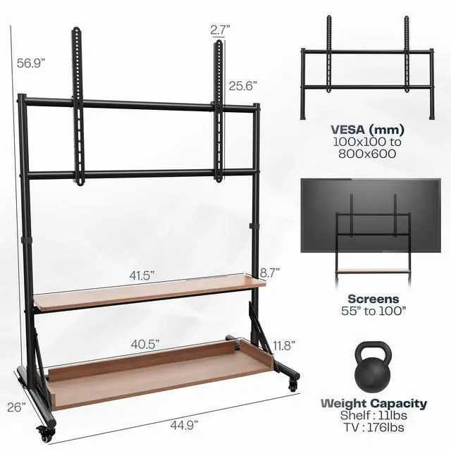 Alt view image 3 of 7 - VIVO Heavy Duty Mobile TV Cart for 55" to 100" Screens with Dark Wood Shelves