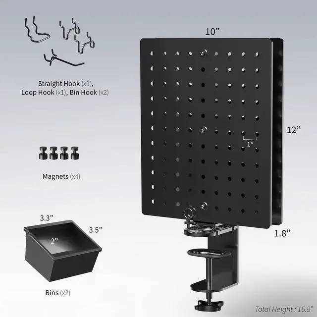 Alt view image 3 of 7 - VIVO Black Steel Clamp-on 10" x 12" Rotating Pegboard Organizer, Magnetic Privacy Panel, PP-DKR1B
