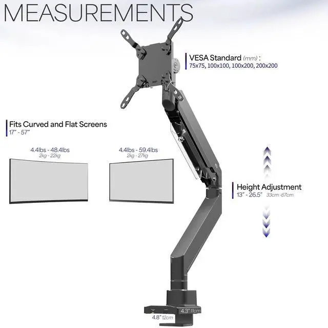 Alt view image 3 of 7 - VIVO Heavy Duty Ultrawide Computer Monitor Arm for 57 inch Screens up to 59.4 lbs, Desk Mount TV and Monitor Stand, STAND-GT55