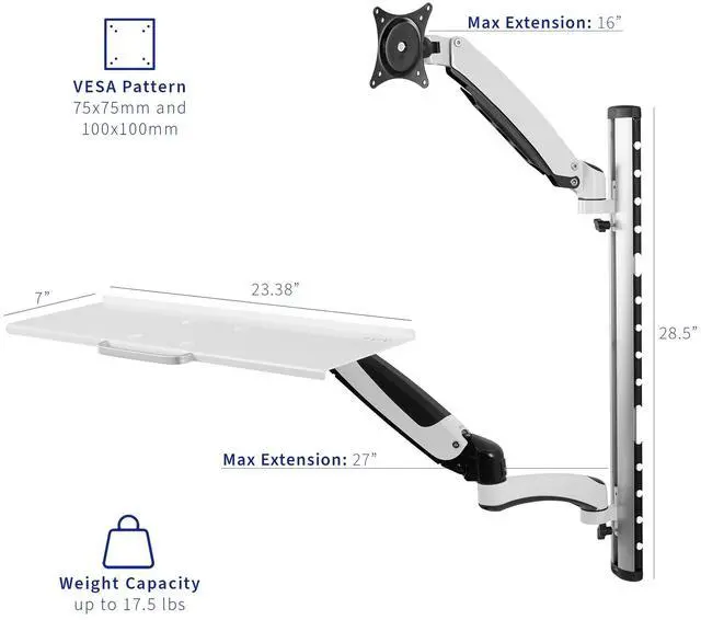 Alt view image 3 of 8 - VIVO White Sit-Stand Wall Mount Counterbalance Monitor Keyboard Workstation
