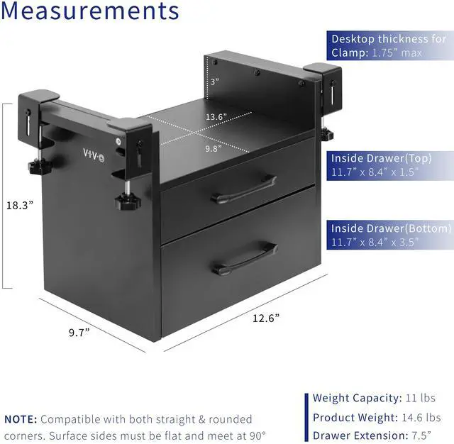 Alt view image 3 of 7 - VIVO Corner Clamp-on Under Desk Drawer and Shelf System, Office Accessory Holder for Supplies, Black, DESK-DR3C
