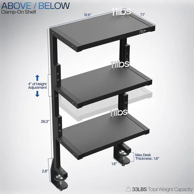 Alt view image 3 of 7 - VIVO Black Clamp-on 13" Above or Below Desk 3-Tier Shelving Unit, Desk Organizer