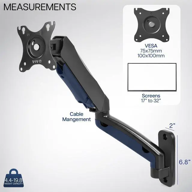 Alt view image 5 of 7 - VIVO Pneumatic Spring Extended Arm, 17" to 32" Computer Monitor Wall Mount