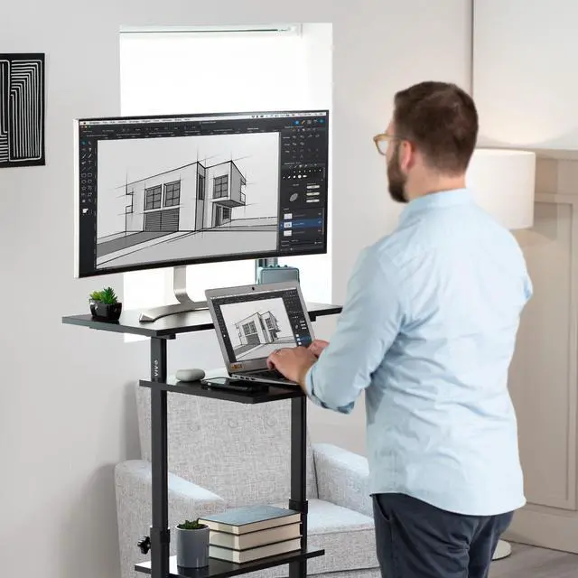 Alt view image 3 of 7 - VIVO Black Mobile Height Adjustable Stand Up Desk Workstation Presentation Cart