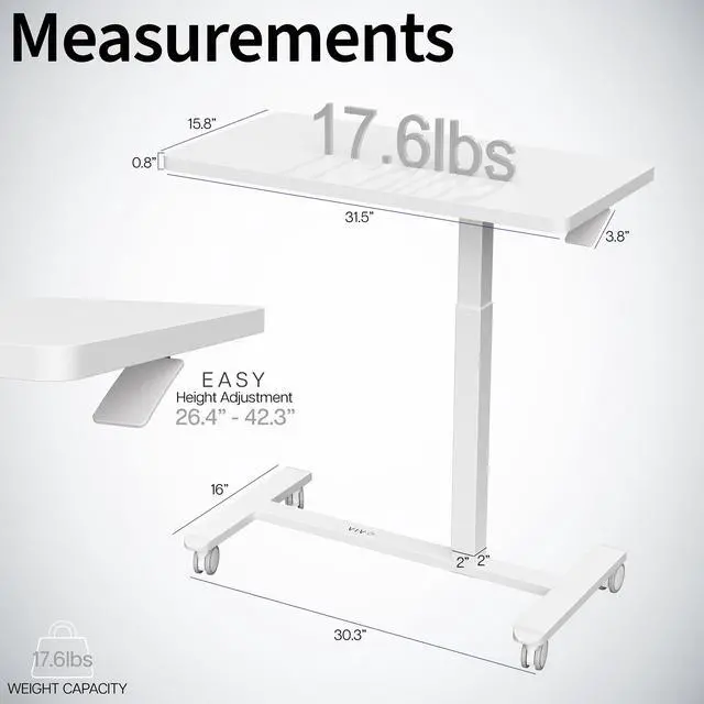 Alt view image 3 of 7 - VIVO Pneumatic 32" x 16" Over Sofa Laptop Table, Mobile Desktop, White