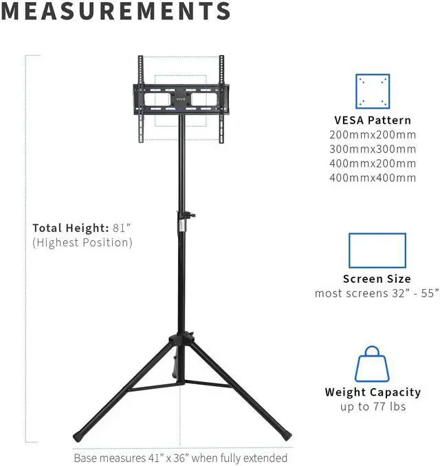 Alt view image 4 of 8 - VIVO Black Tripod 32" to 55" LCD LED Flat Screen TV Display Floor Stand | Portable Height Adjustable Mount (STAND-TV55T)