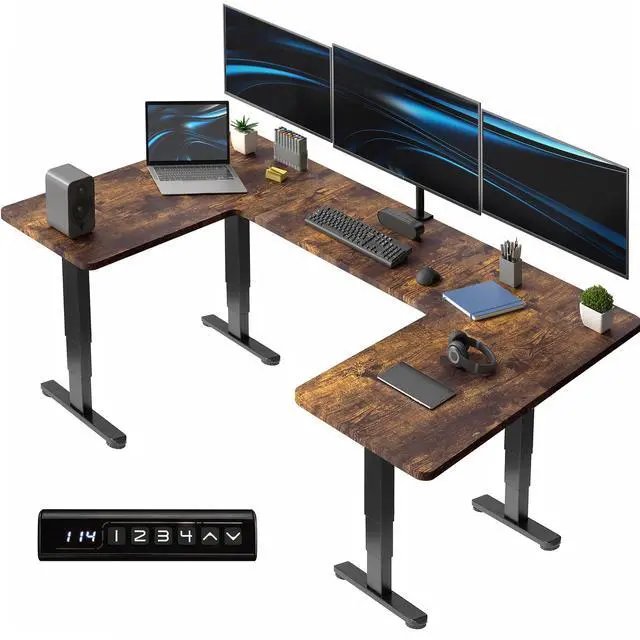 Main image of VIVO Vintage Brown / Black U-Shaped 83" x 60" Height Adjustable 4-Leg Electric Desk